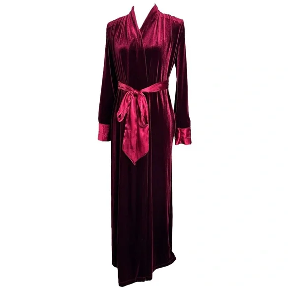 Jonquil Diane Samandi Velvet Robe XS Burgundy Long Belted Wrap Duster - Picture 8 of 8